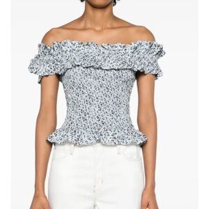 New Ganni Blue Glacier Floral 42 Cotton Off-Shoulder Smock Top